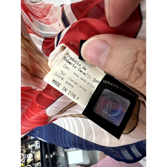 NWT Vintage '06 Roberto Cavalli Silk red blue Mousseline Ruffled Blouse Sz S - Picture 12 of 13